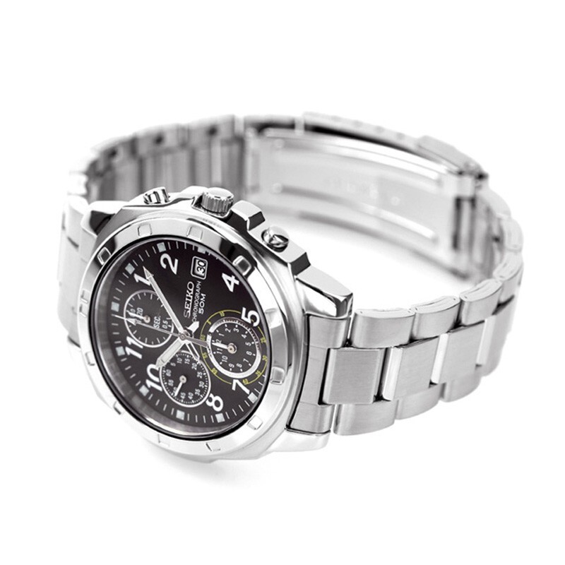 Seiko Chronograph SND195P1 SND195P Black Dial Stailess Steel Men Watch NEW BOX