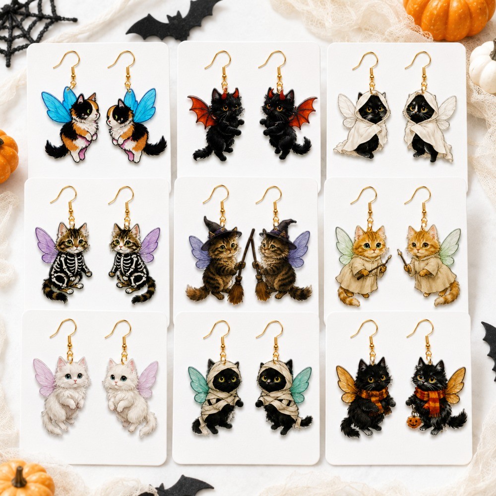9 Pairs of Creative Winged Cat Acrylic Earrings,fun Cartoon Cat Acrylic Earrings