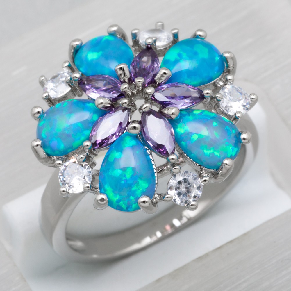 Simulated Amethyst 5×7 Blue Fire Opal CZ Silver Jewelry Cluster Ring Size 7 8 9