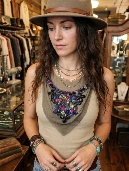 Women Fashion Jewelry Long Black Satin Fabric Tie Necklace Lace Blue Pink Beads