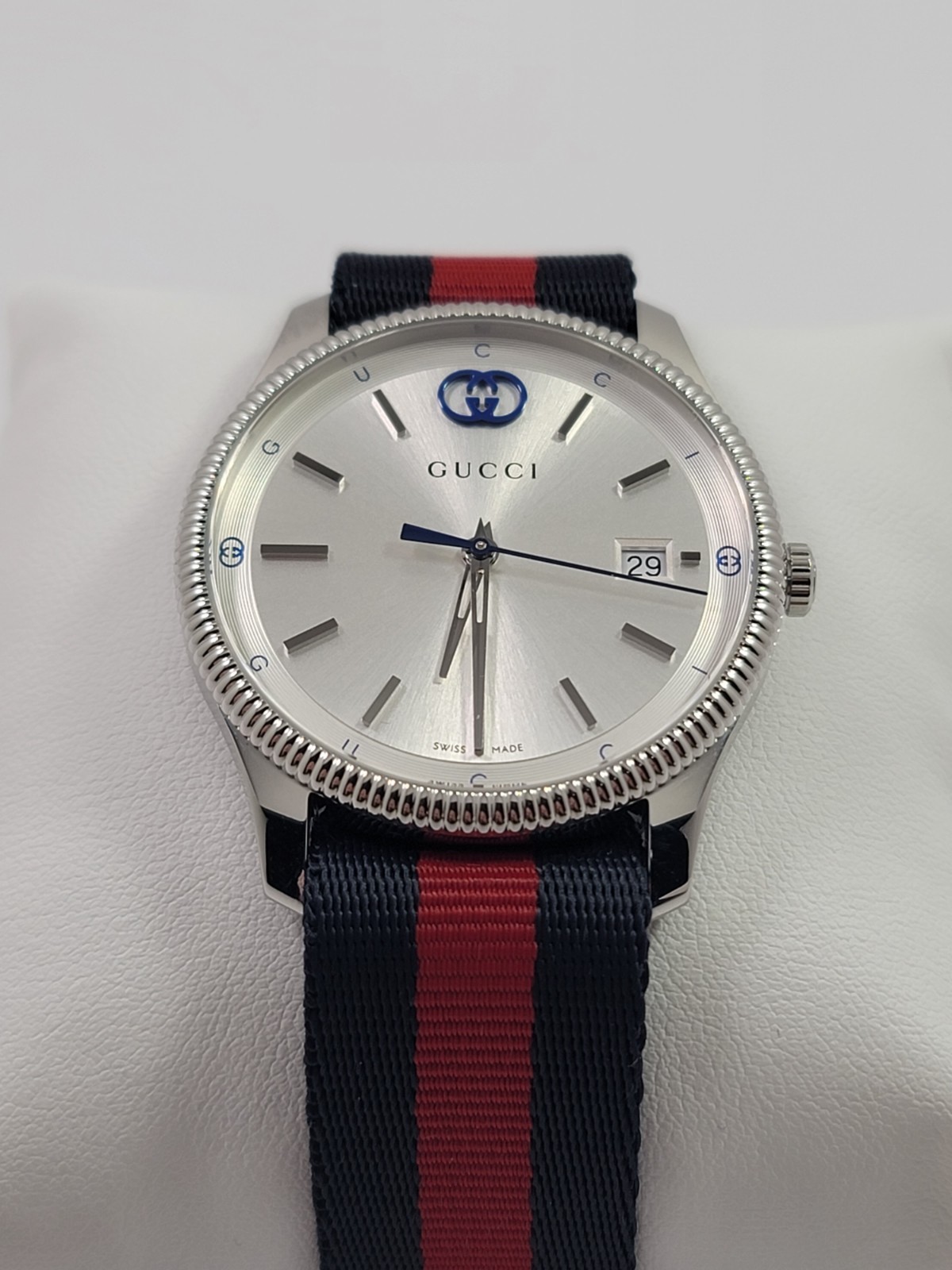 Gucci G-Timeless SWISS Quartz Silver Dial Blue Red Nylon Strap Watch YA1264237