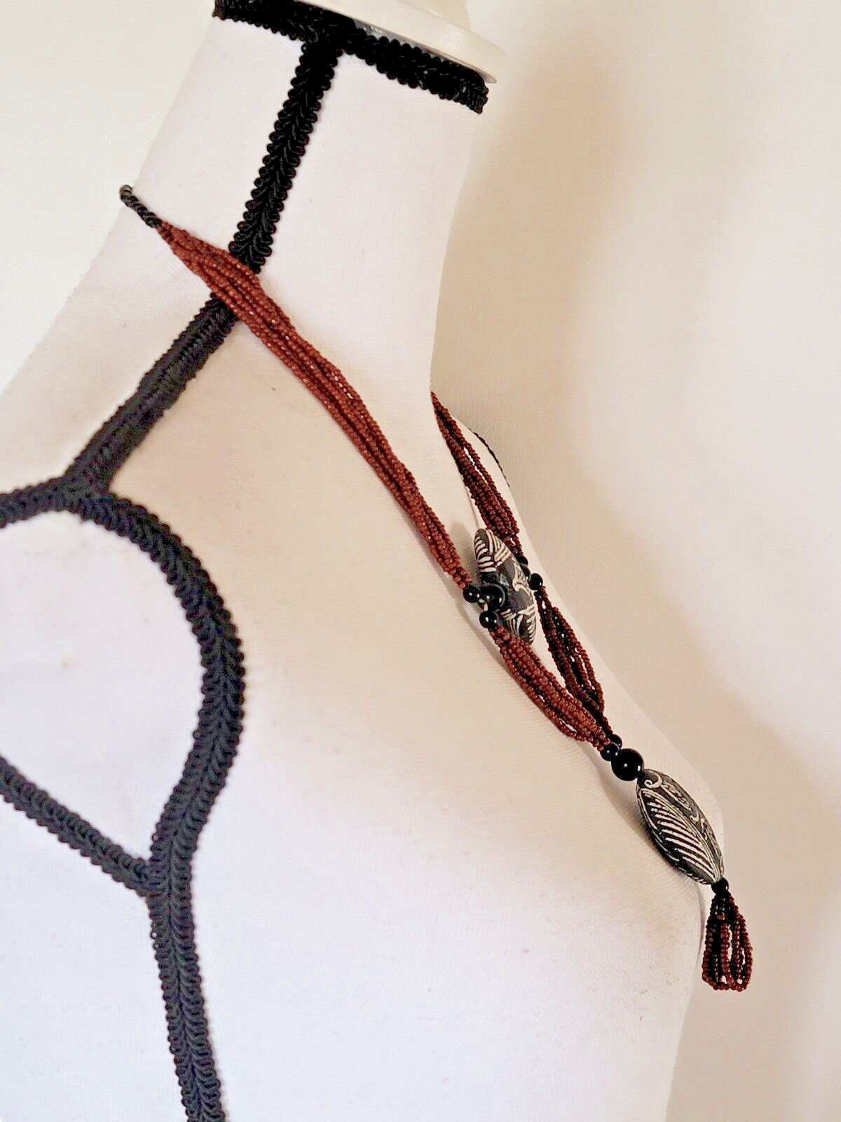 Vintage African Terracotta Pendant Necklace Beaded Handmade Brown Black & White
