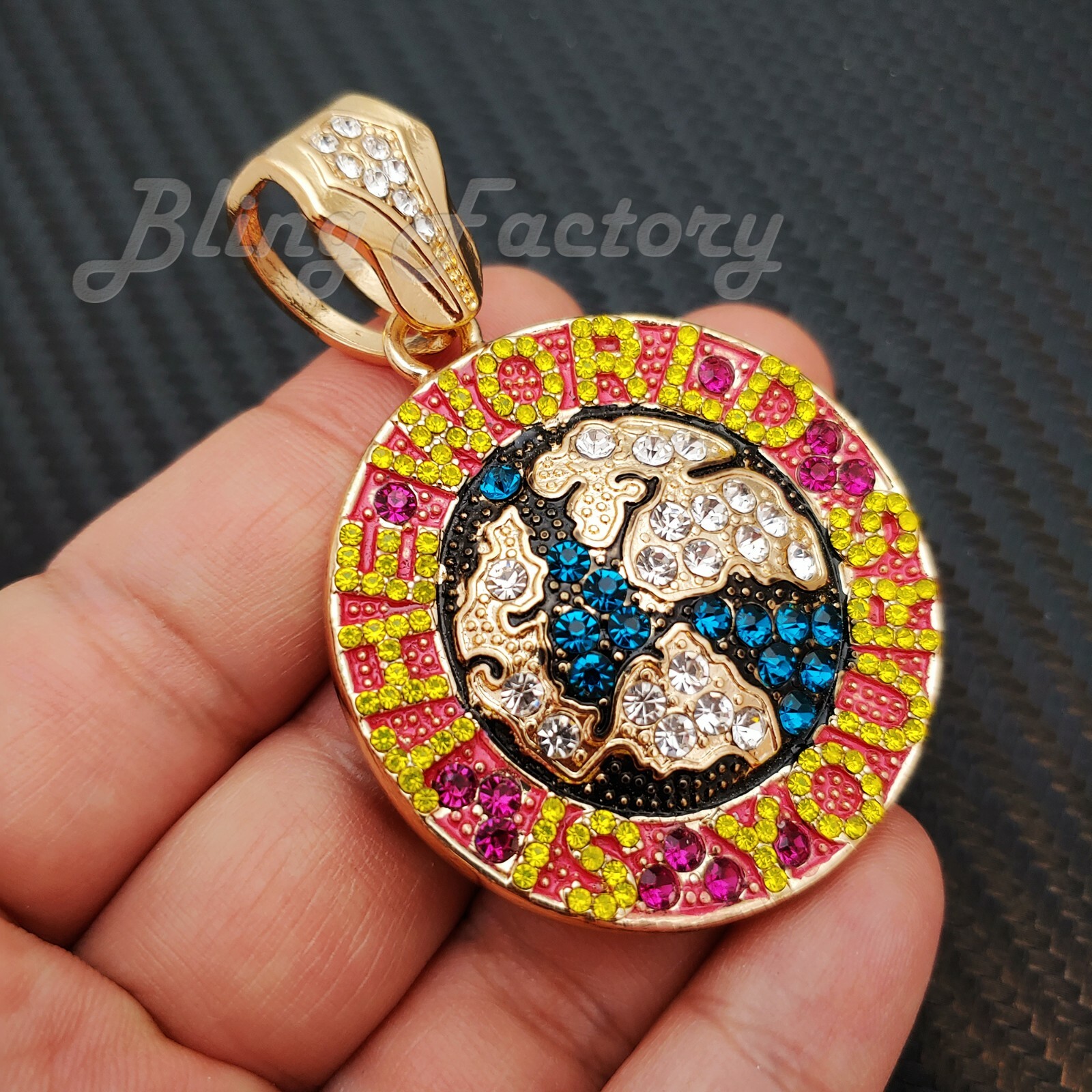 THE WORLD IS YOURS GOLD PLATED ALLOY CUBIC ZIRCONIA HIP HOP ICED CHARM PENDANT