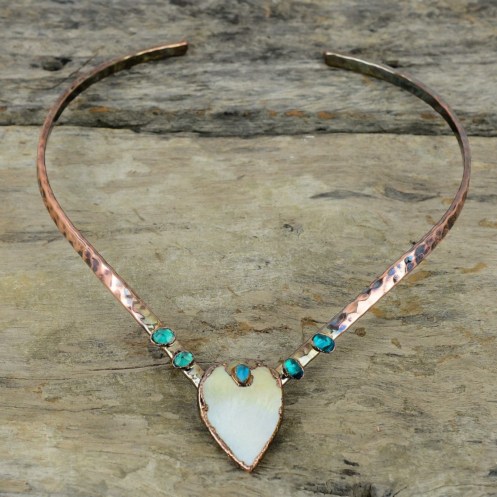 Natural Mother Of Pearl Indicolite Choker Electroformed Necklace Jewelry Copper