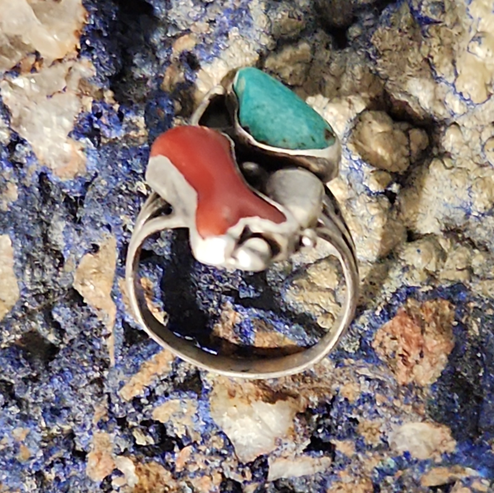 David Taliman Lone Mountain Turquoise Red Coral SS .925 S7-7.5 Azurite Specimen