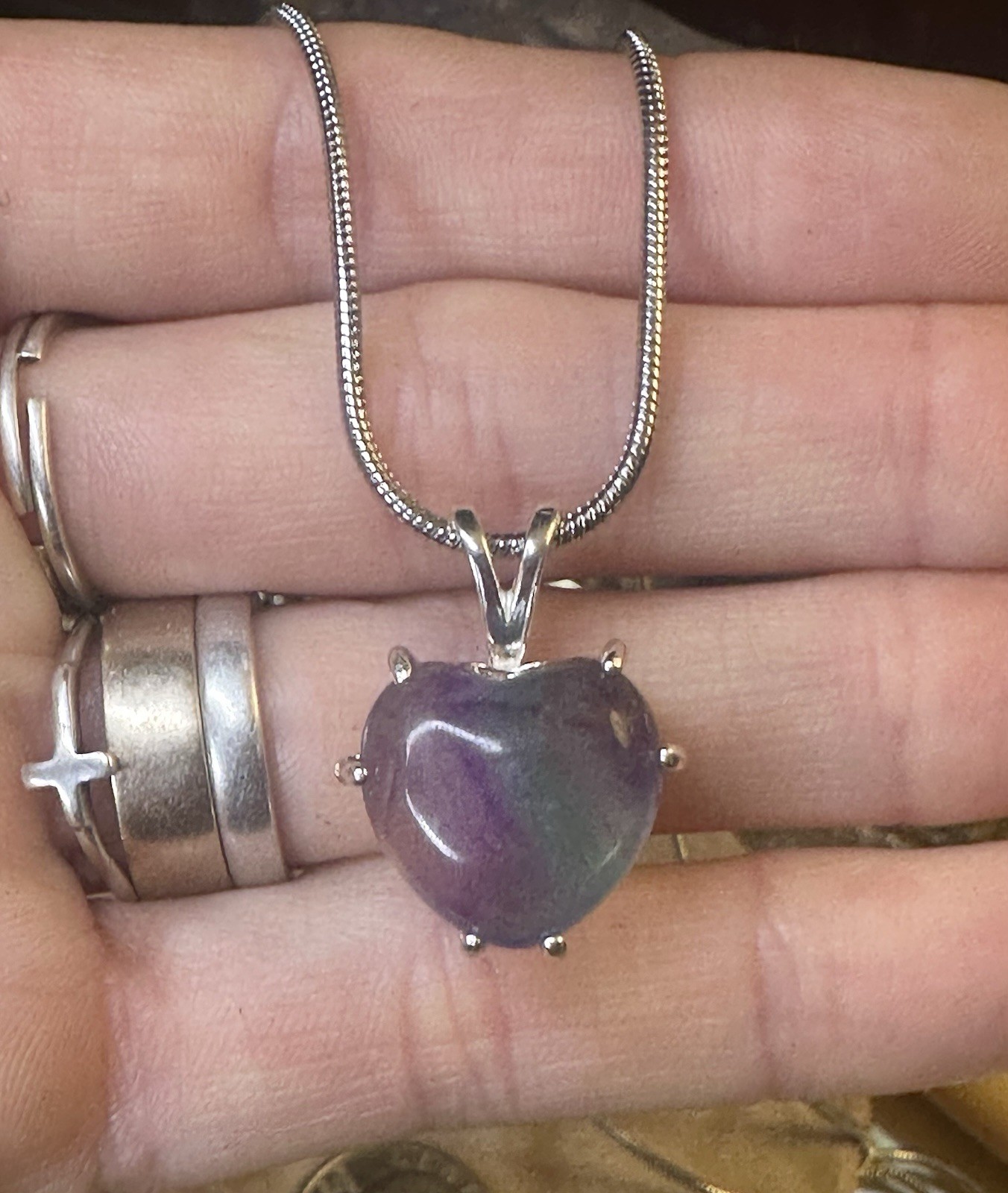 Lovely Purple Blue Fluorite 925 Sterling Silver Heart Pendant Necklace 22 Inch
