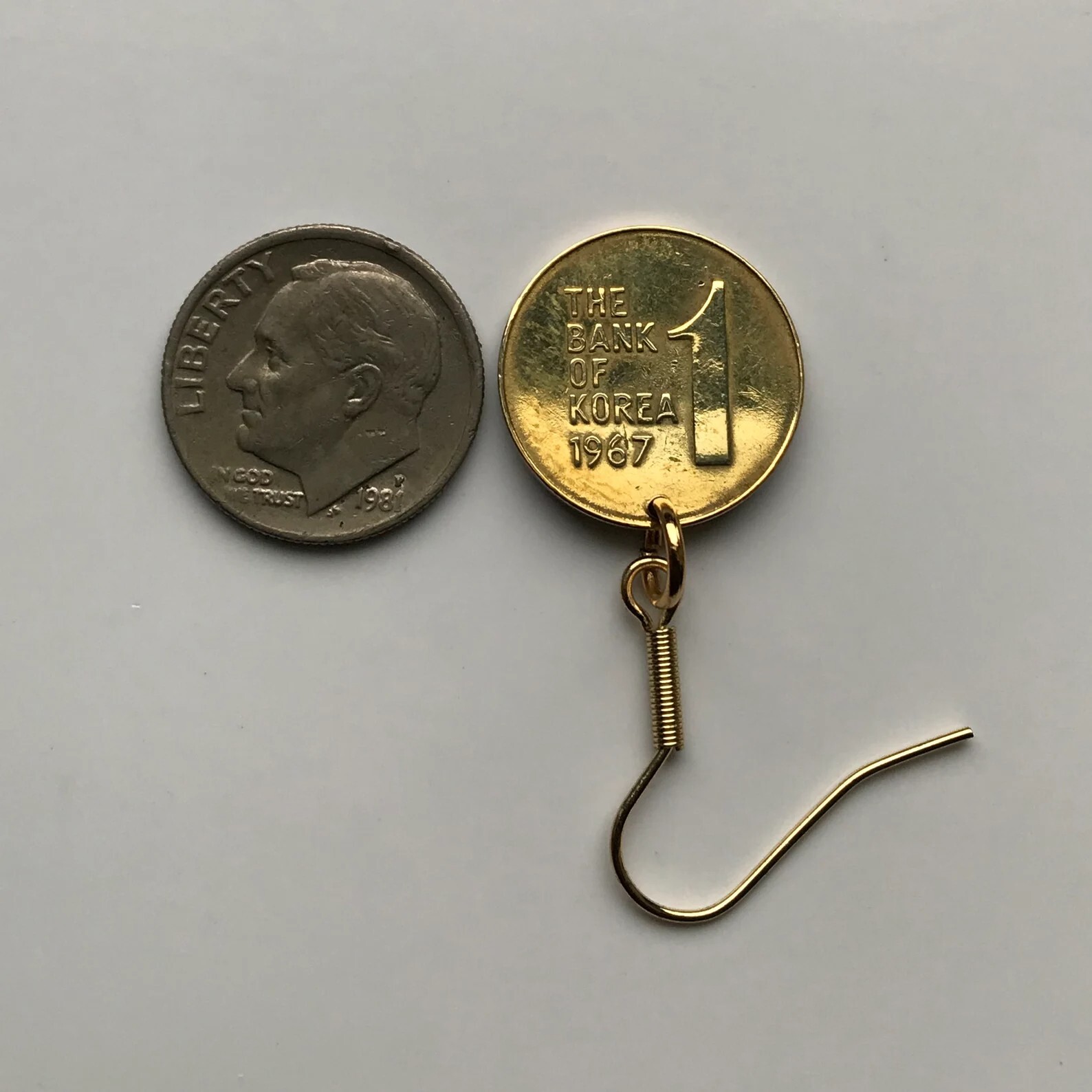 1967 South Korea 1 Won coin earrings Rose of Sharon Mugunghwa Seoul Busan 000041