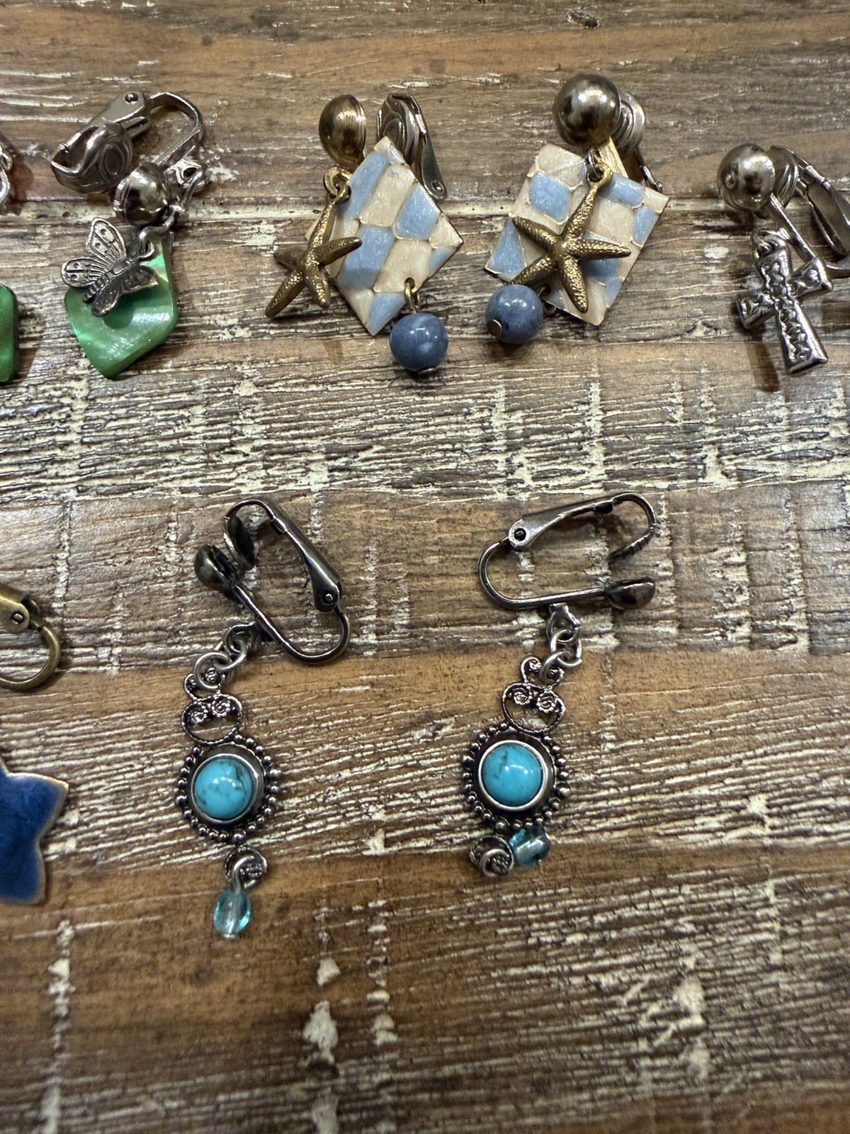 6 Pair Vintage Clip On Earrings Lot Enamel Shell Turquoise Blue-Green Boho Stone