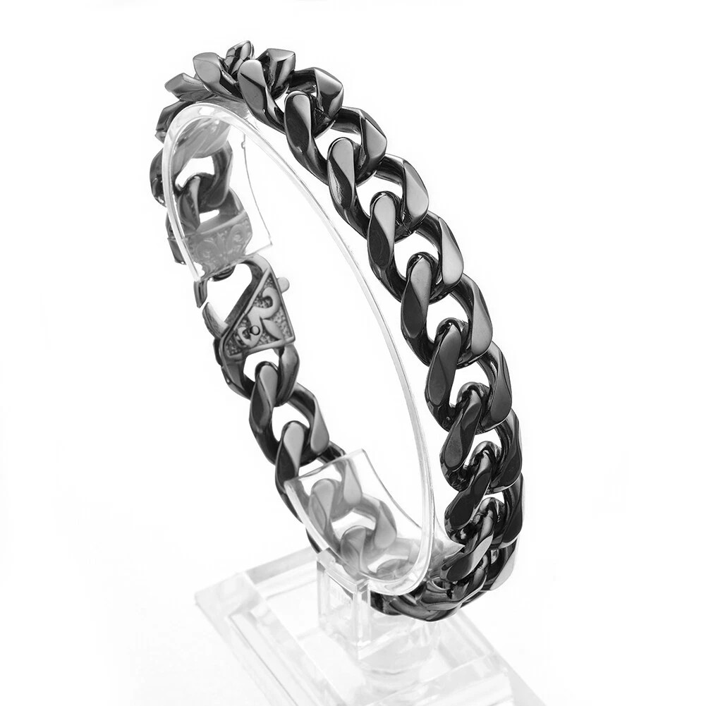 Men’s Black/Silver Tone Stainless Steel Curb Cuban Link Chain Necklace 16″-40″