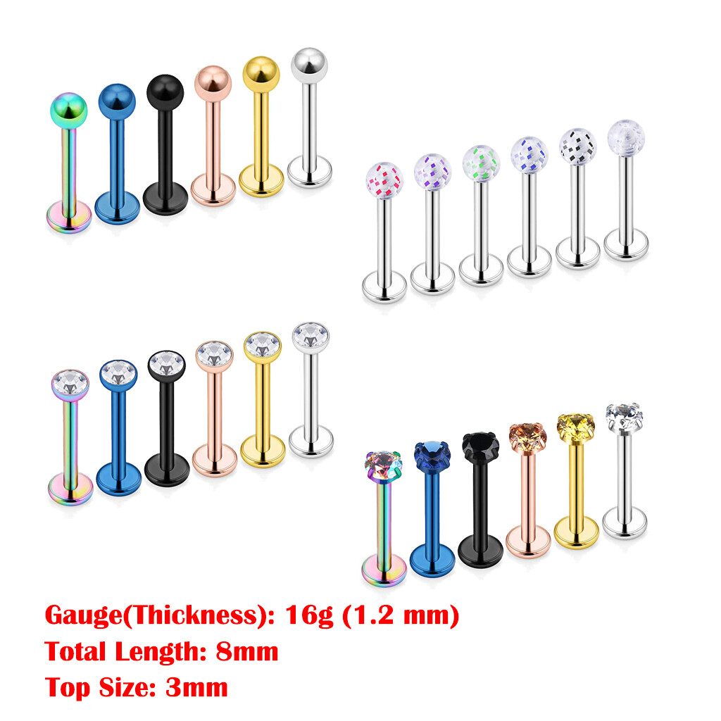 4-24pcs CZ Gems Labret Monroe Lip Rings Helix Tragus Earring Studs 16G Piercing