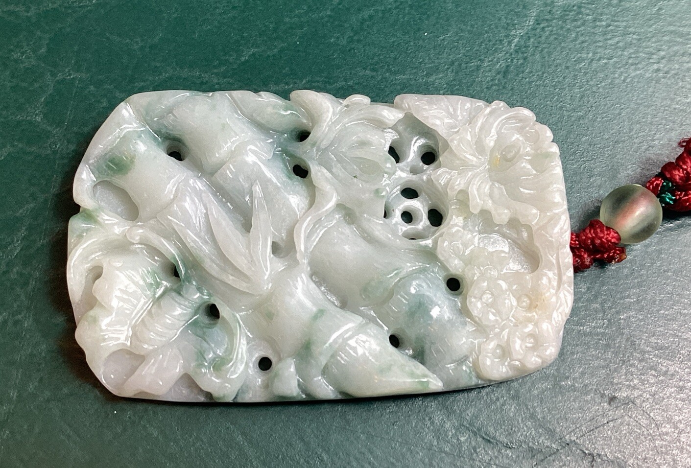 Light Tan & Green 1 Sided Jadeite Bamboo & Butterfly Translucent Pendant