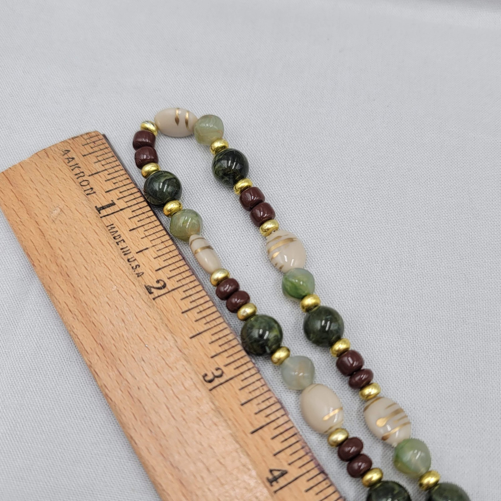 Vintage Brown Green Beige Bead Necklace Gold tone 36″