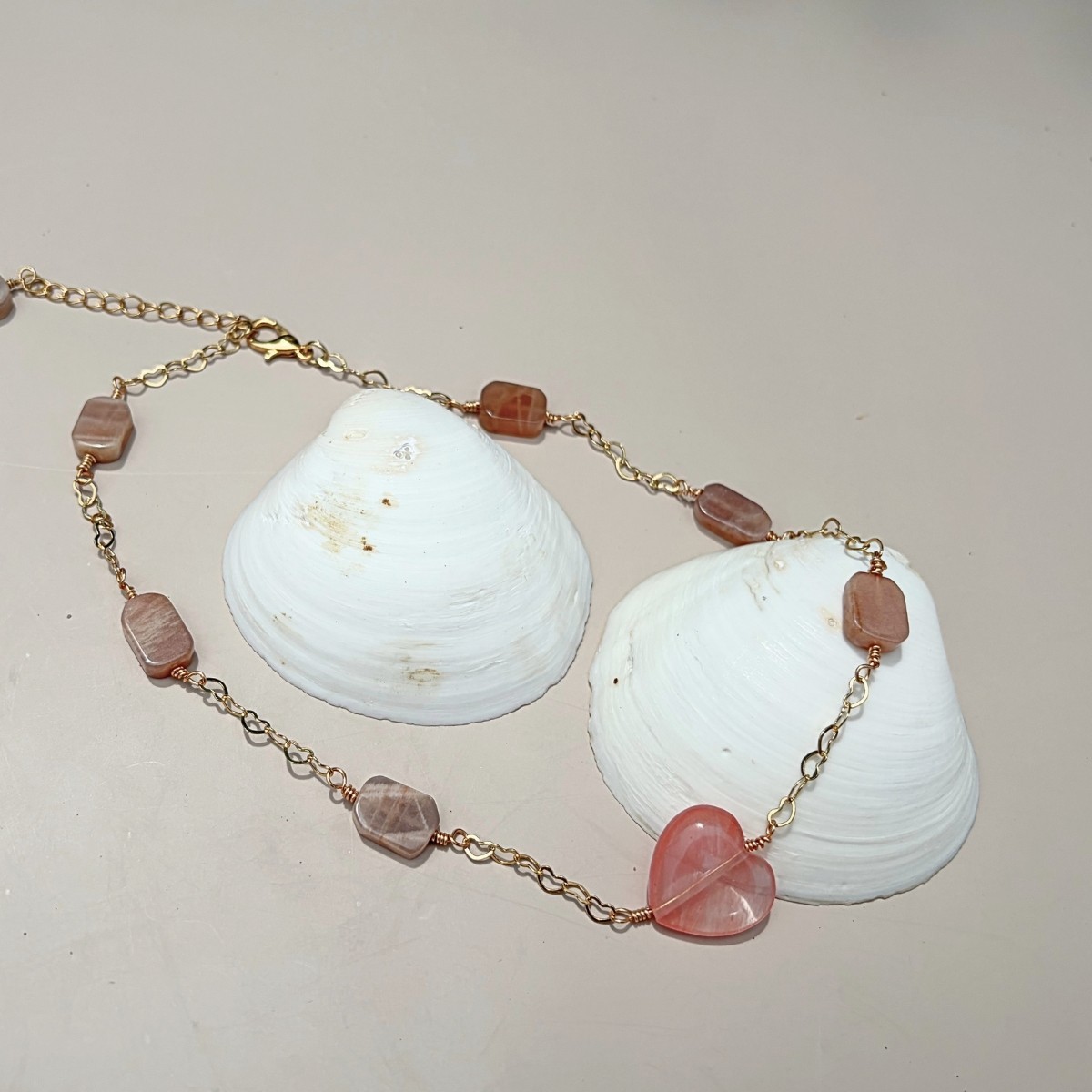 Sun Kissed Heart Sunstone Watermelon Quartz Wire Wrapped Necklace 15–17 in