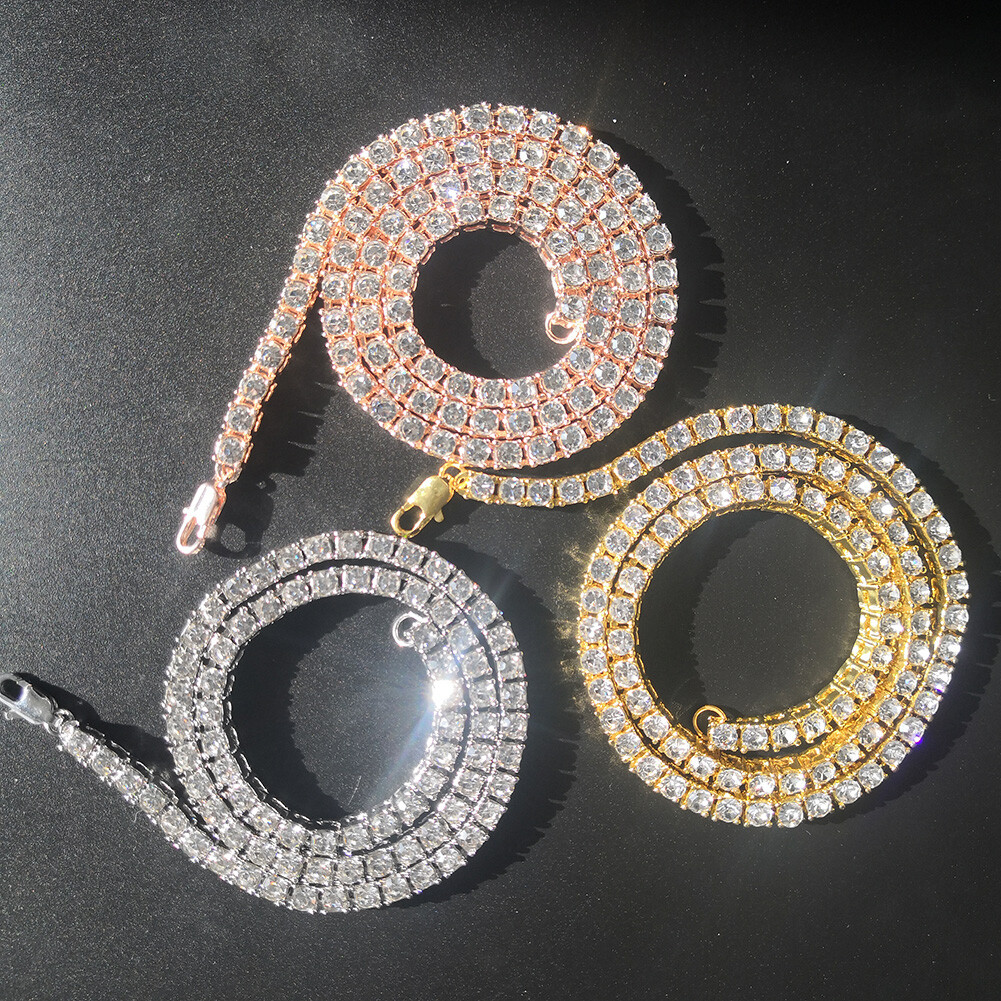 18″-30″ Hip Hop White Zircon Tennis Chain Necklace Gold Plated Men Women Gift