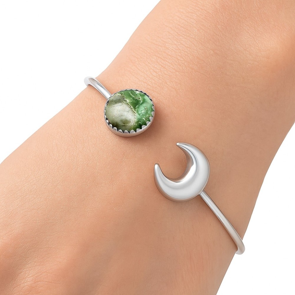 Premium Crescent Moon – Utah Variscite 925 Silver Cuff Bangle Bracelet B-1046