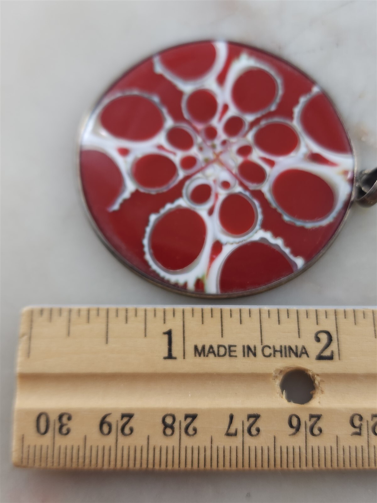 Sterling Silver Geometric Mother of Pearl Shell Inlay Red Pendant 10.7 Grams