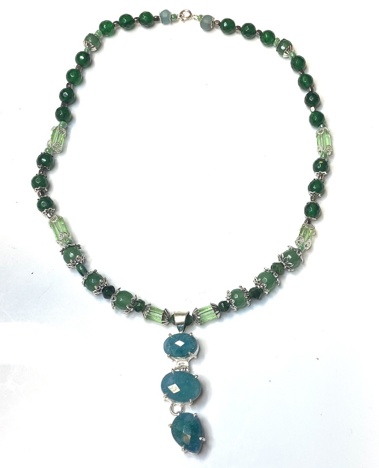 2.454 Vintage necklace, pendant, emerald, agate, glass, sterling silver