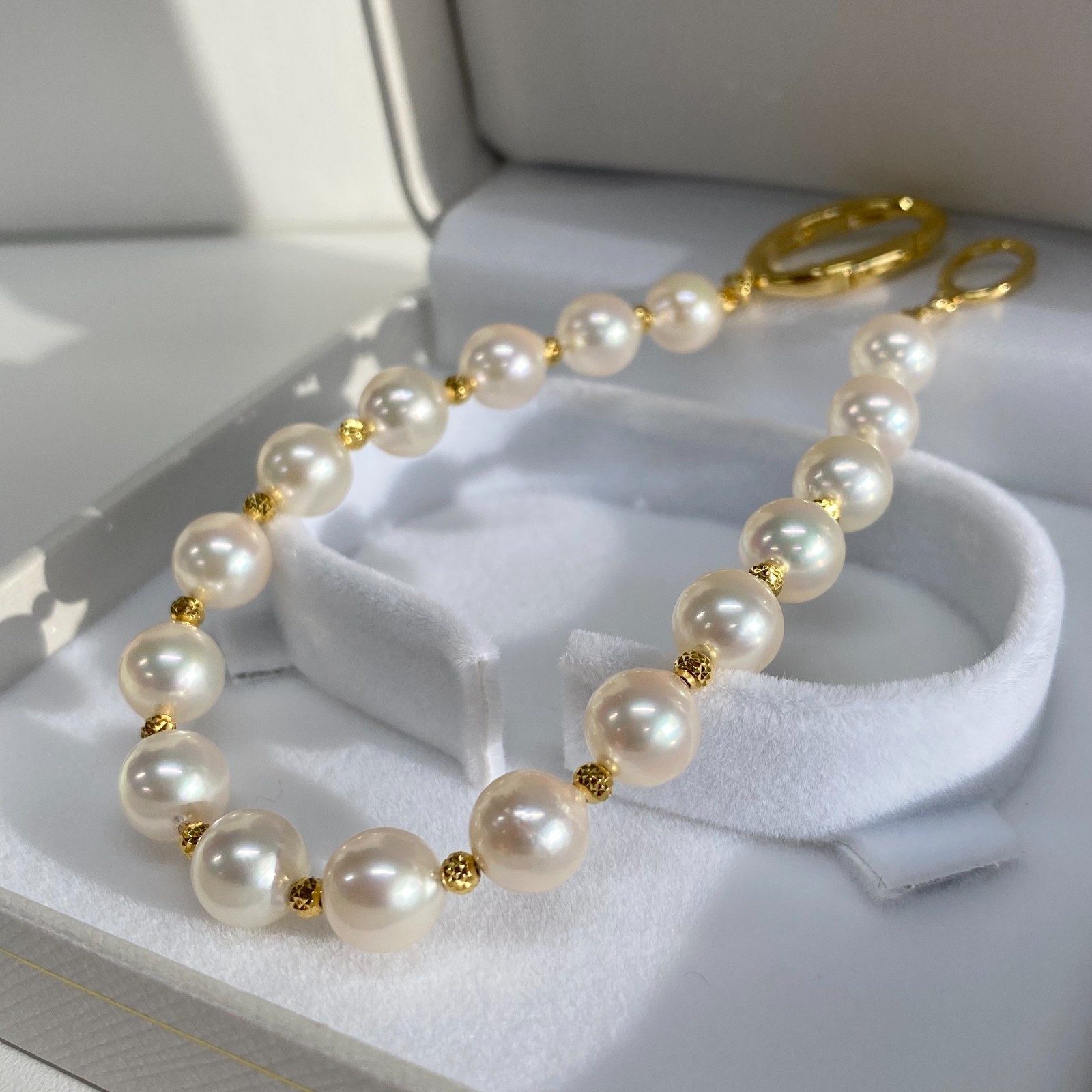 High Luster~7.5mm White-Rose Japanese Akoya Pearl Bracelet Sterling Sliver,7.8″