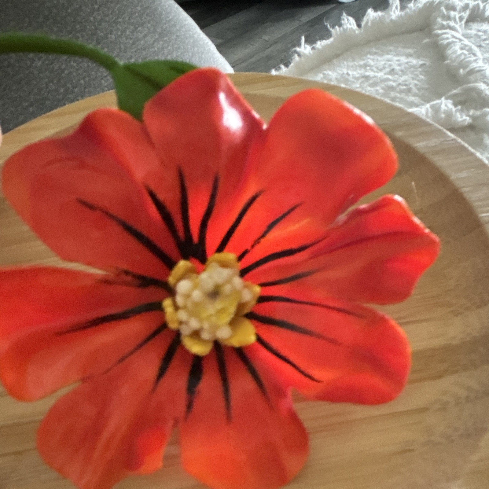 Vintage Red & Green Delicate Plastic Flower Brooch Pin Yellow & Black Accents