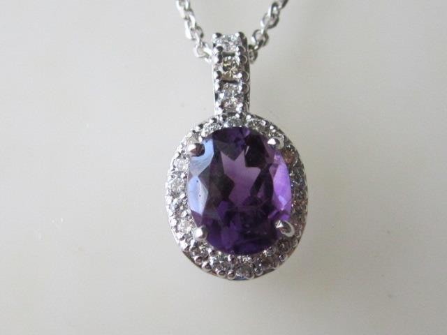 Elegant 14k. White Gold Oval Amethyst & Diamond Halo Pendant, New