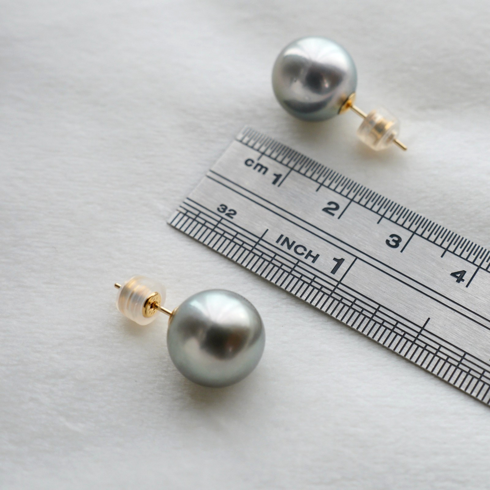 Big 12.2-12.4mm Round Silver Tahitian Pearl Stud Earrings 18k Solid Yellow Gold