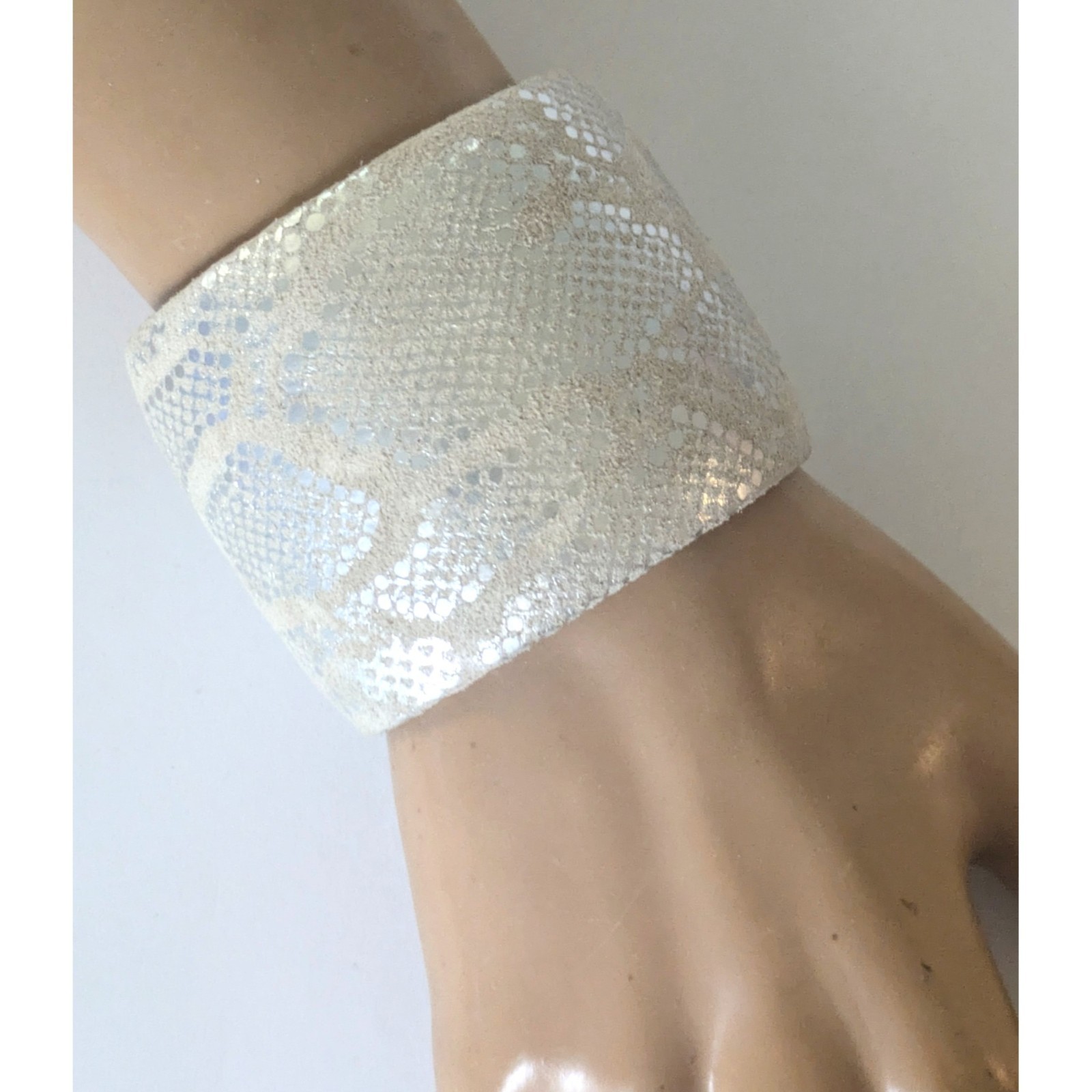 TED ROSSI NYC White & Silver Embossed Python Snake Skin Wide Cuff Bracelet