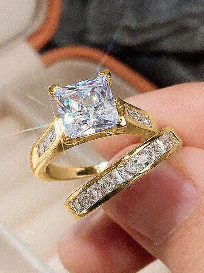 2PCS Square Crystal Wedding Ring Set Polished Elegant Bridal Women’s Jewelry USA