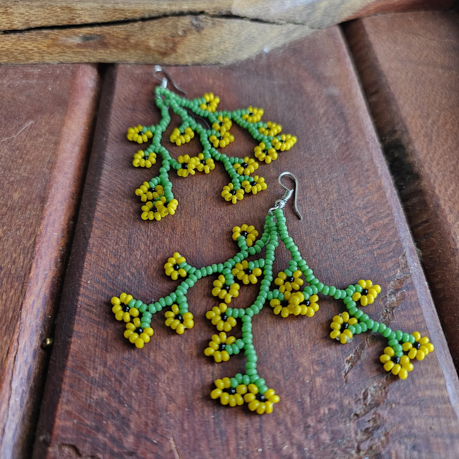 African-Beaded Branch Flower Earrings- Handmade in Kenya- New- Green/ Yellow