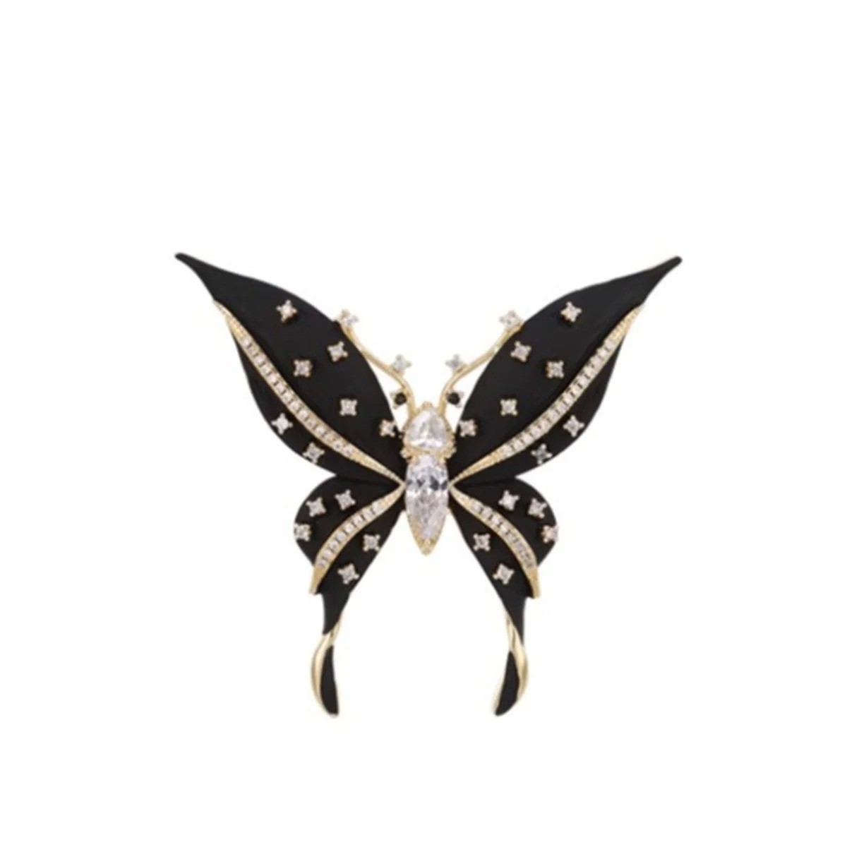 Vintage Black Enamel Butterfly Brooch Gold Tone Crystal Rhinestone Pin