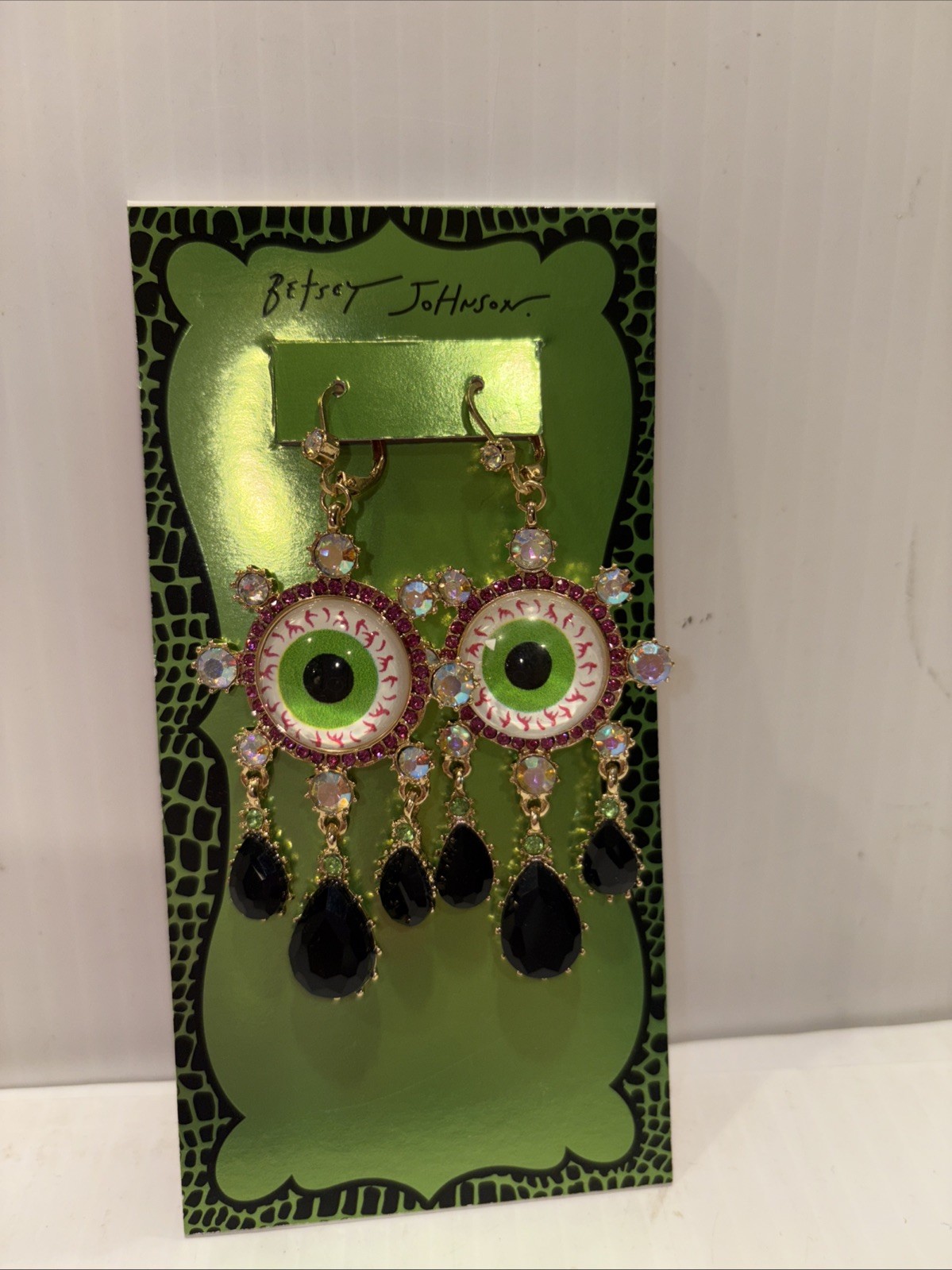 BETSEY JOHNSON DANGLE DROP EYEBALLS EARRINGS W BLACK CRYSTAL TEARS MULTI COLOR