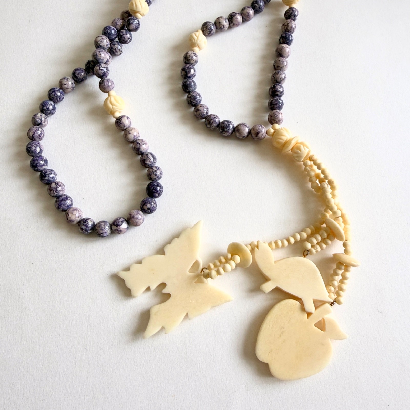 Vintage Fetish Carved Bone Purple Stone Lariat Necklace Butterfly Turtle Apple