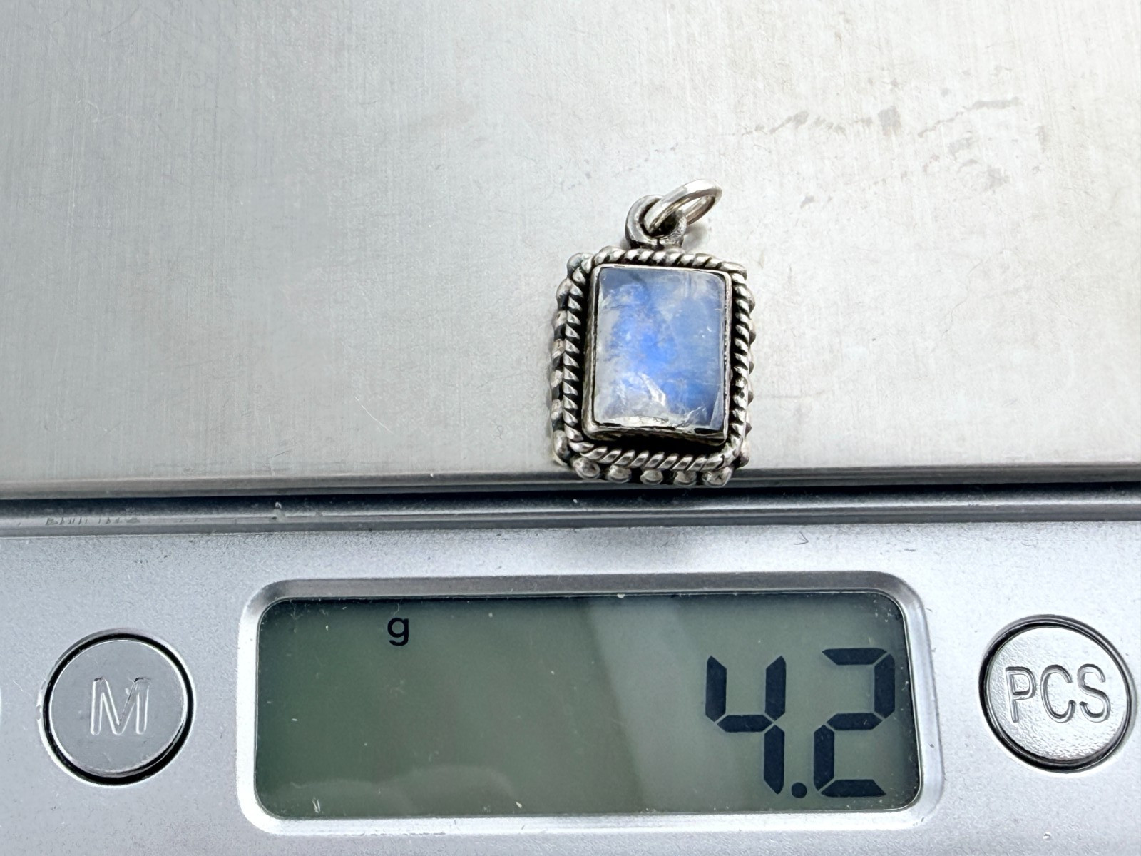 Vintage Sterling Silver Blue Moonstone Rectangular Cabochon Pendant Charm .75 In