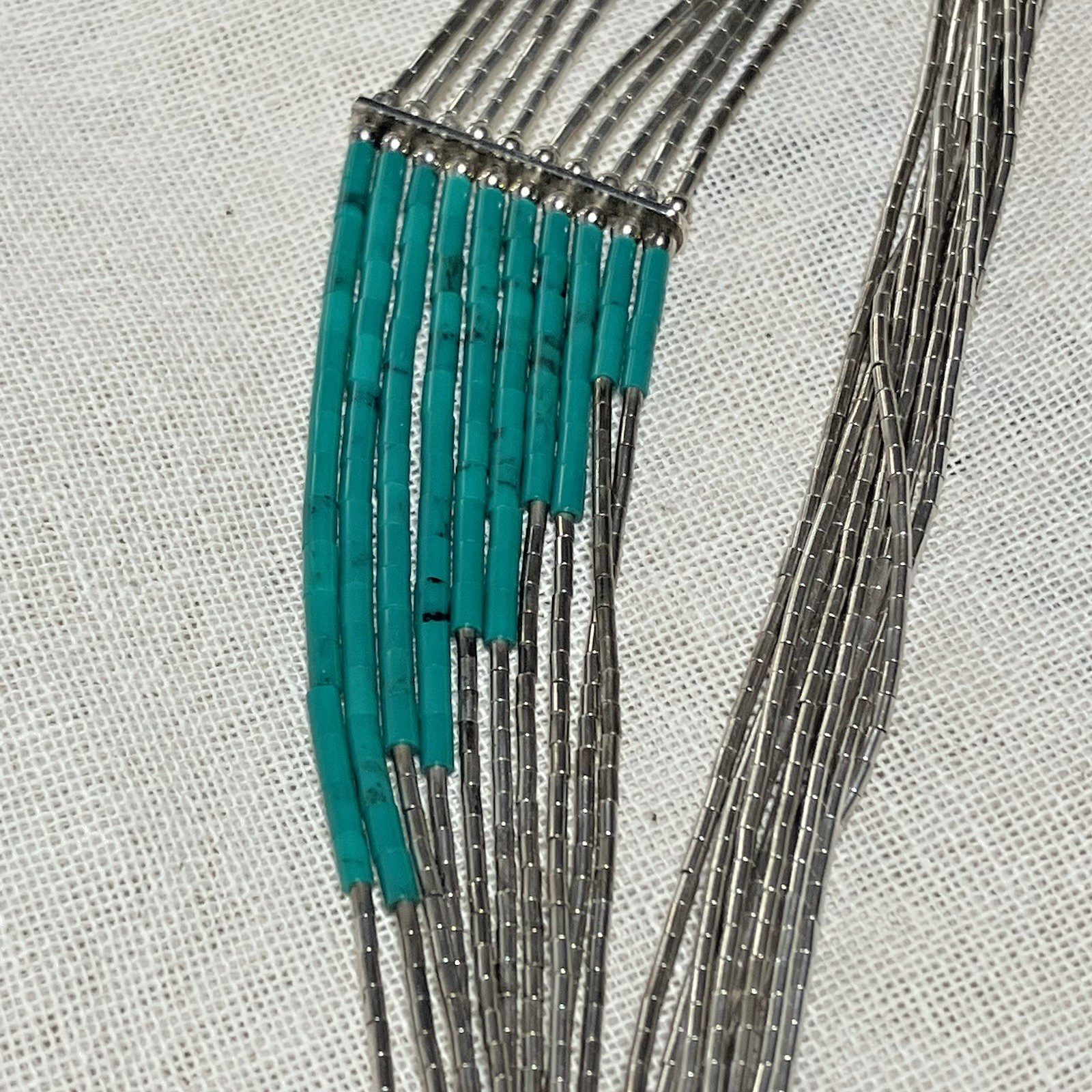 Vintage 10-Strand Liquid 925 Silver & beads with Turquoise heishi Necklace 12.5″