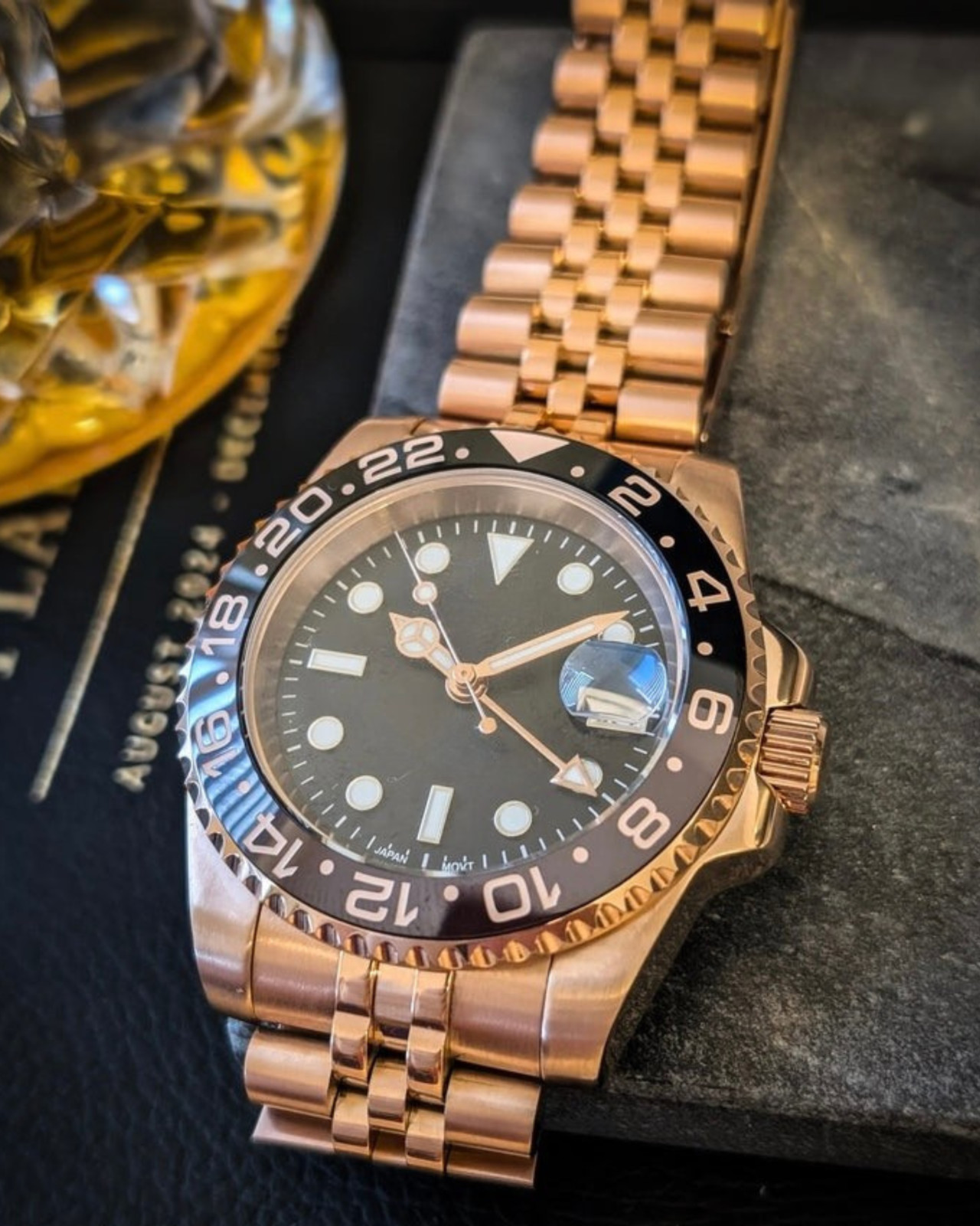 PrimeCrown Rose Gold GMT Automatic | Black/Brown Bezel | NH34
