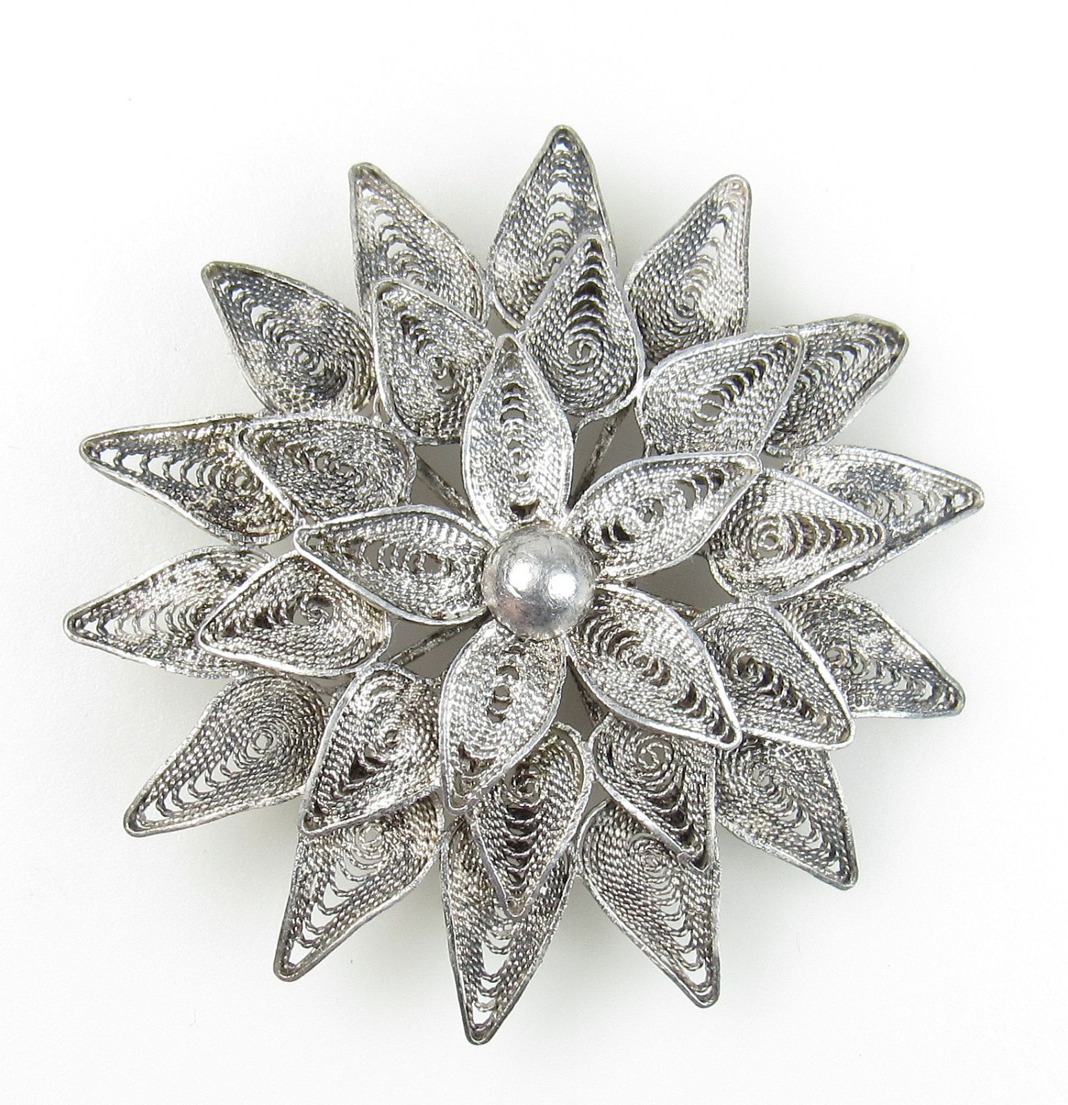 935 Argentium Silver Antique Filigree Flower Motif Brooch Pin about 1 – 3/4″