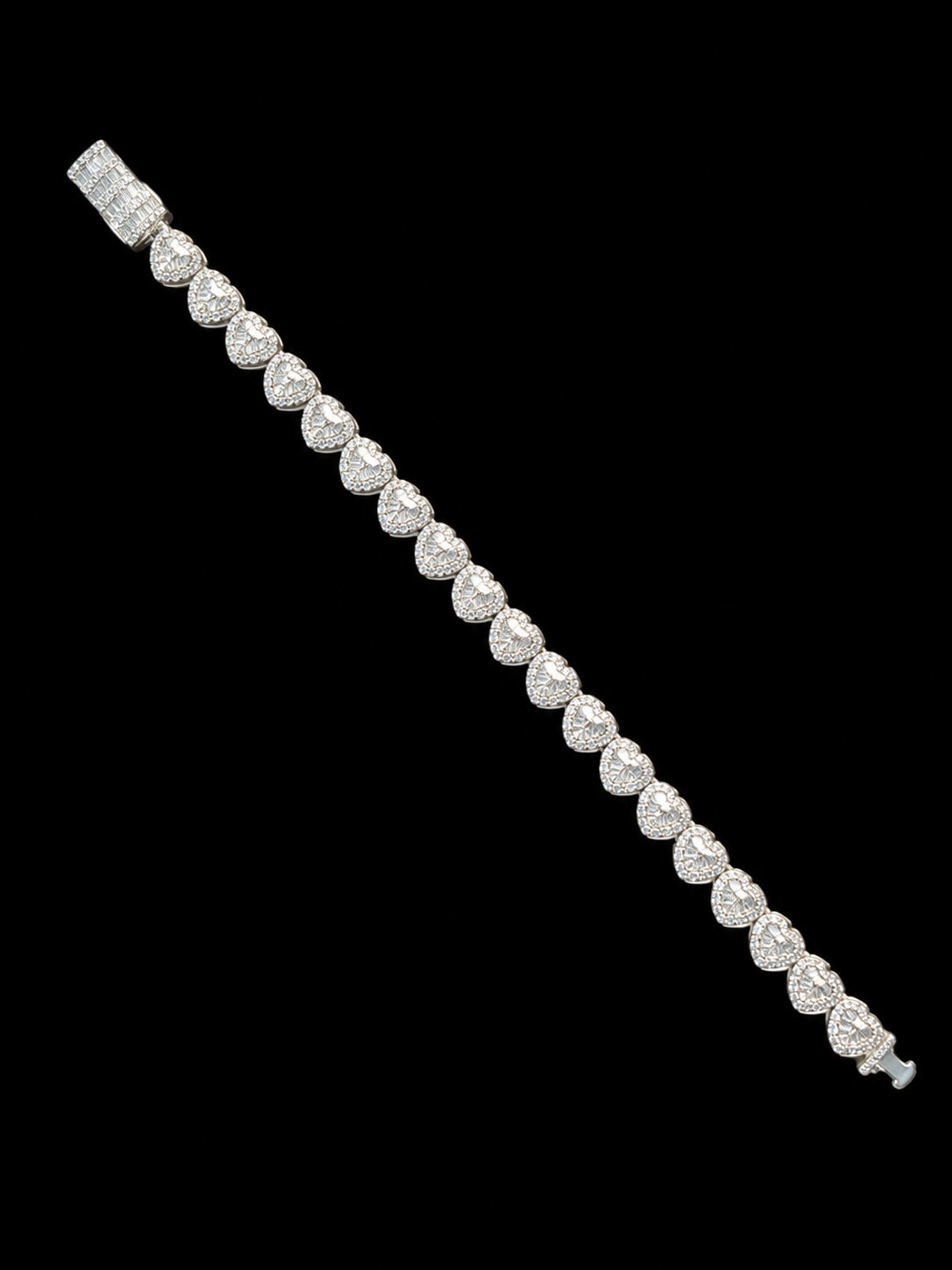 925 Sterling Silver Heart Tennis Bracelet Baguette Round CZ 6.4mm 13.5g