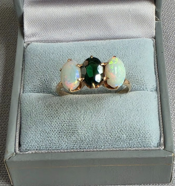 Antique Trilogy Ring Vibrant Opals and Deep Green Center Stone 10k Gold Superb!