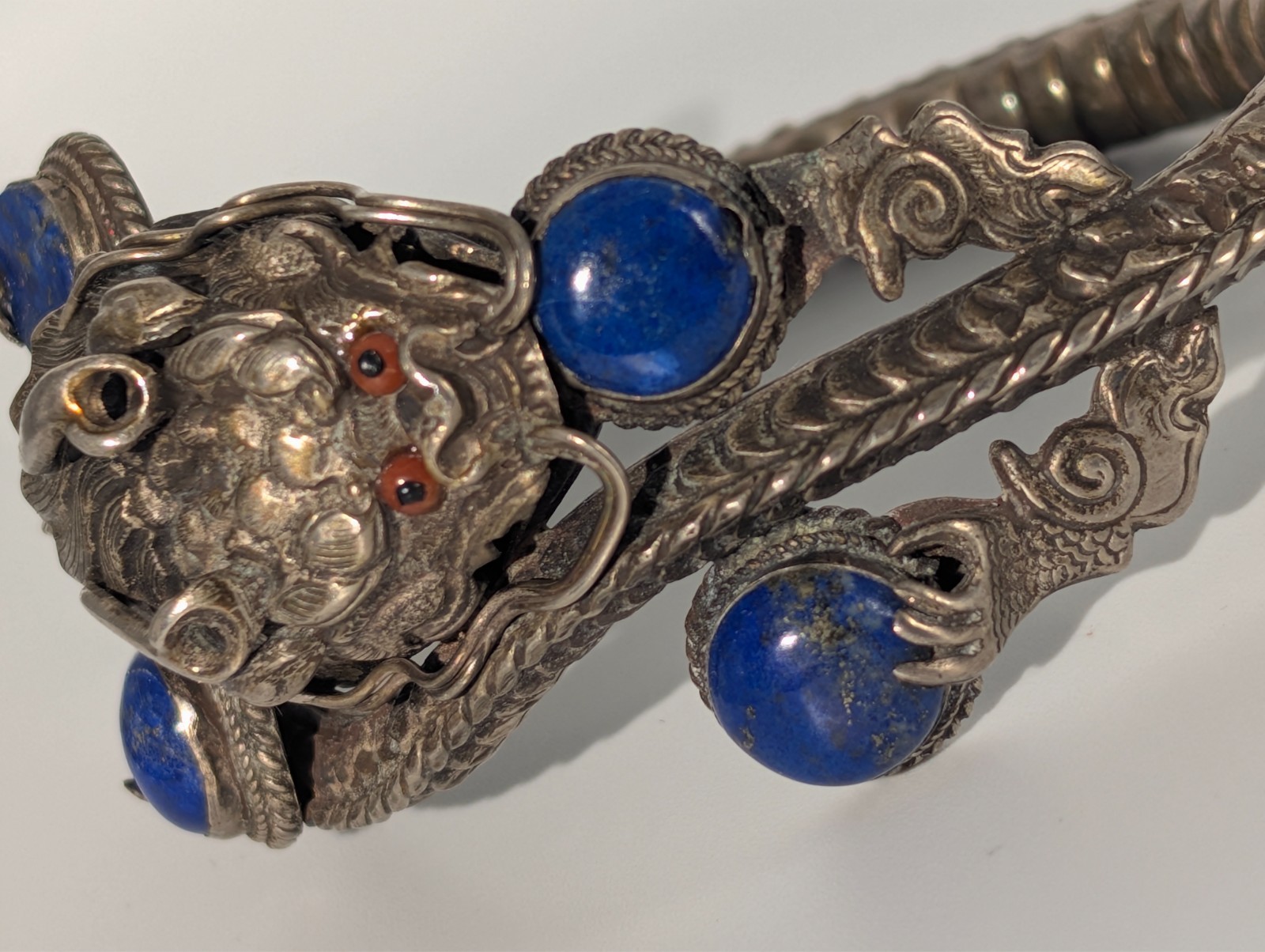Vintage Chinese Export Sterling Silver 925 Dragon Bangle with Lapis Coral 38g
