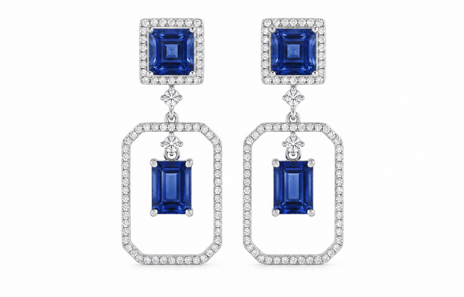 925 Sterling Silver Lab Grown Blue Sapphire Asscher Cut Moissanite Drop Earrings