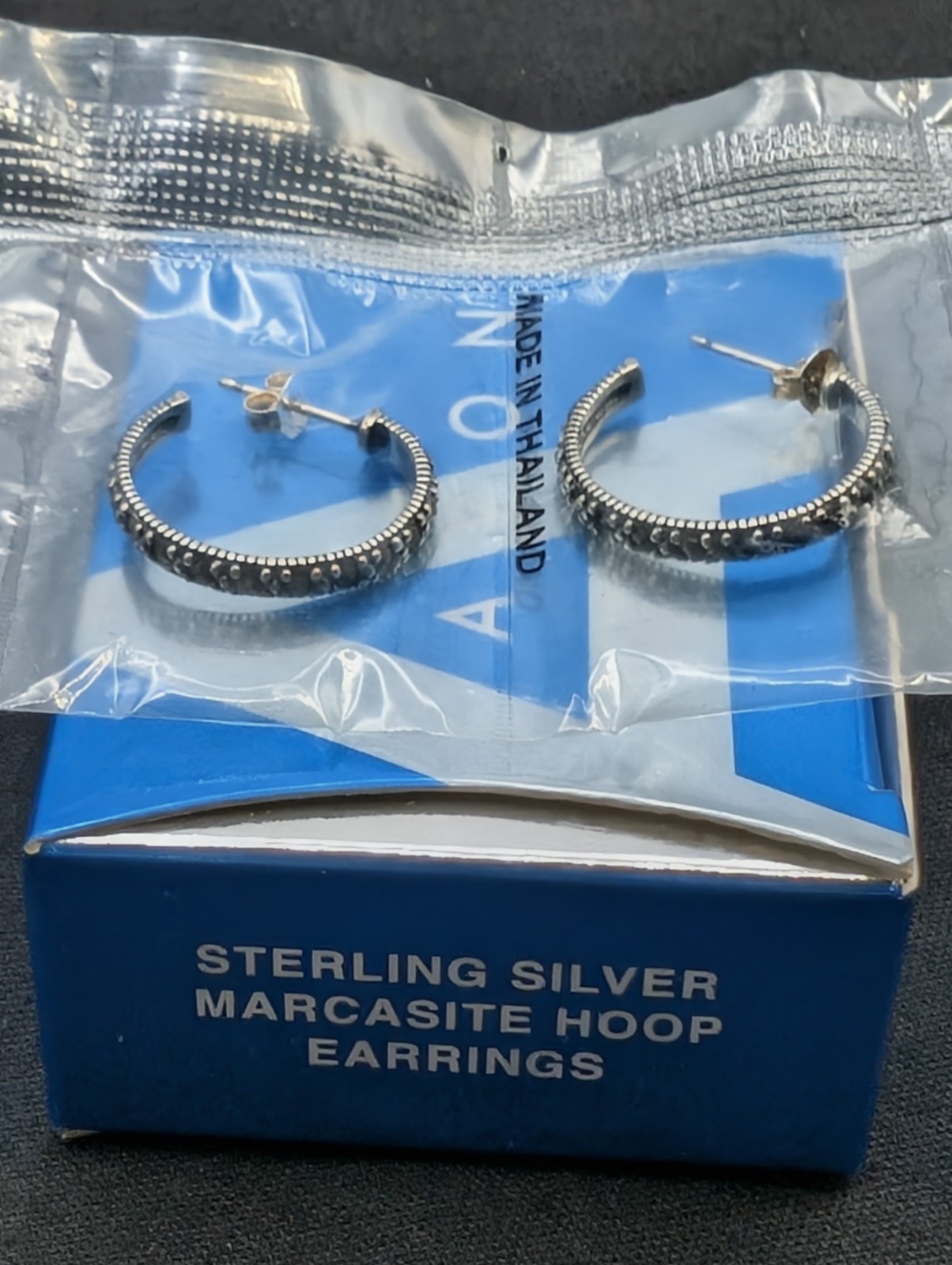 Avon Sterling Silver 925 Marcasite Hoop Earrings RJ 3 Grams- New Sealed 2006