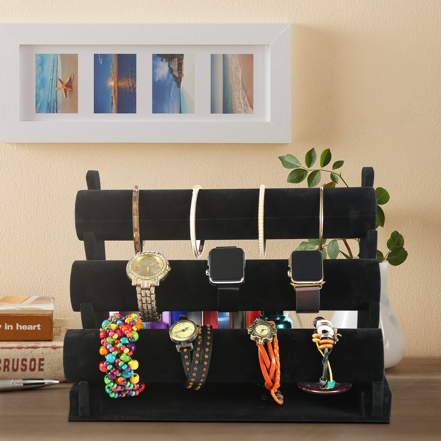 3-Bar Jewelry Watch Bracelet Chain Holder Display Stand Organizer Black Velvet