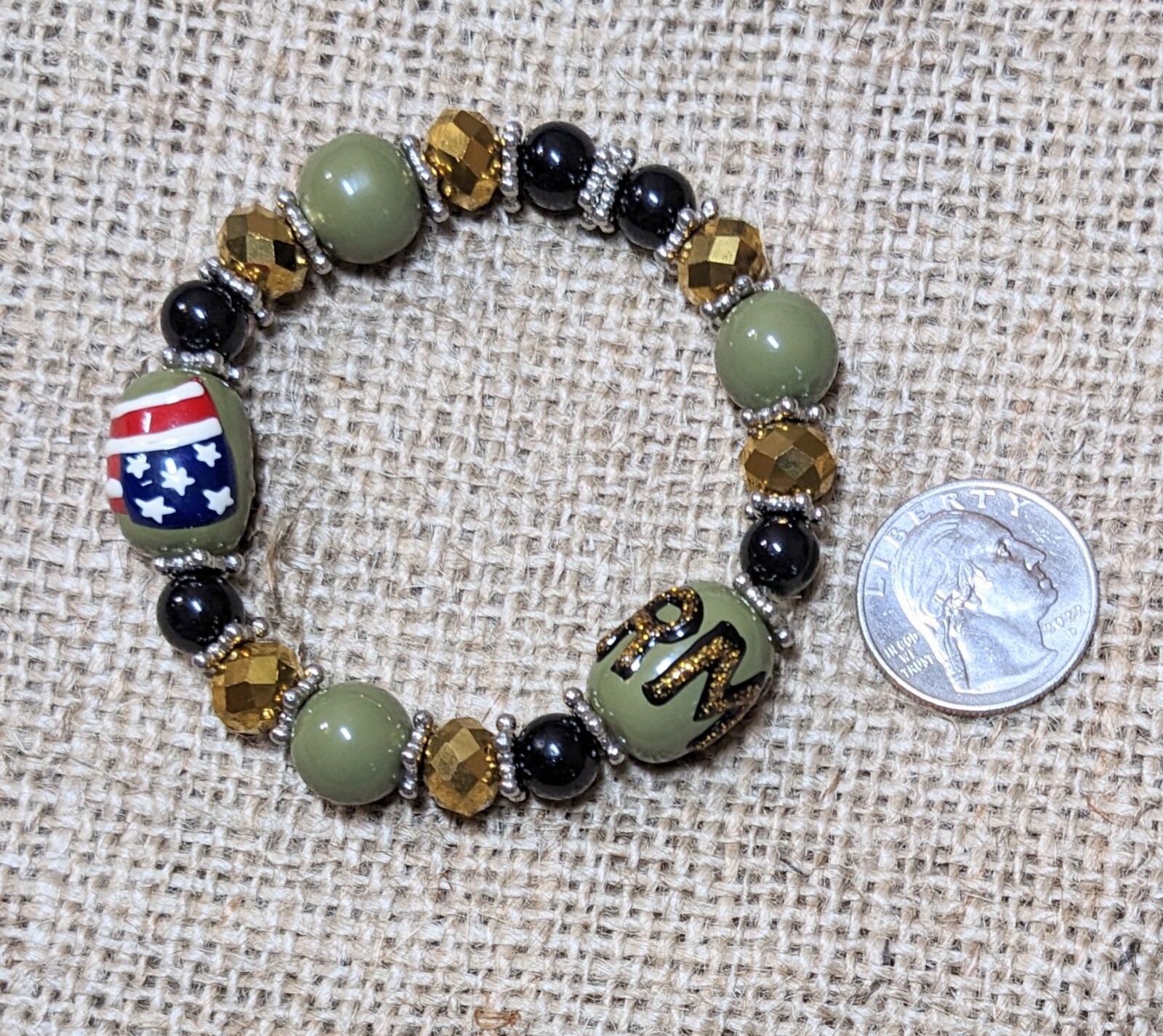 US Army Bracelet Handmade Glass Beaded Woman Stretch Bracelet Green Military