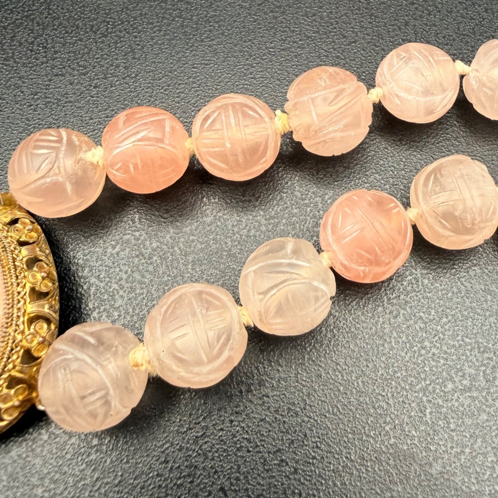 Chinese Export Blush Pink Carved Rose Quartz Necklace Floral Pendant 17 Inches