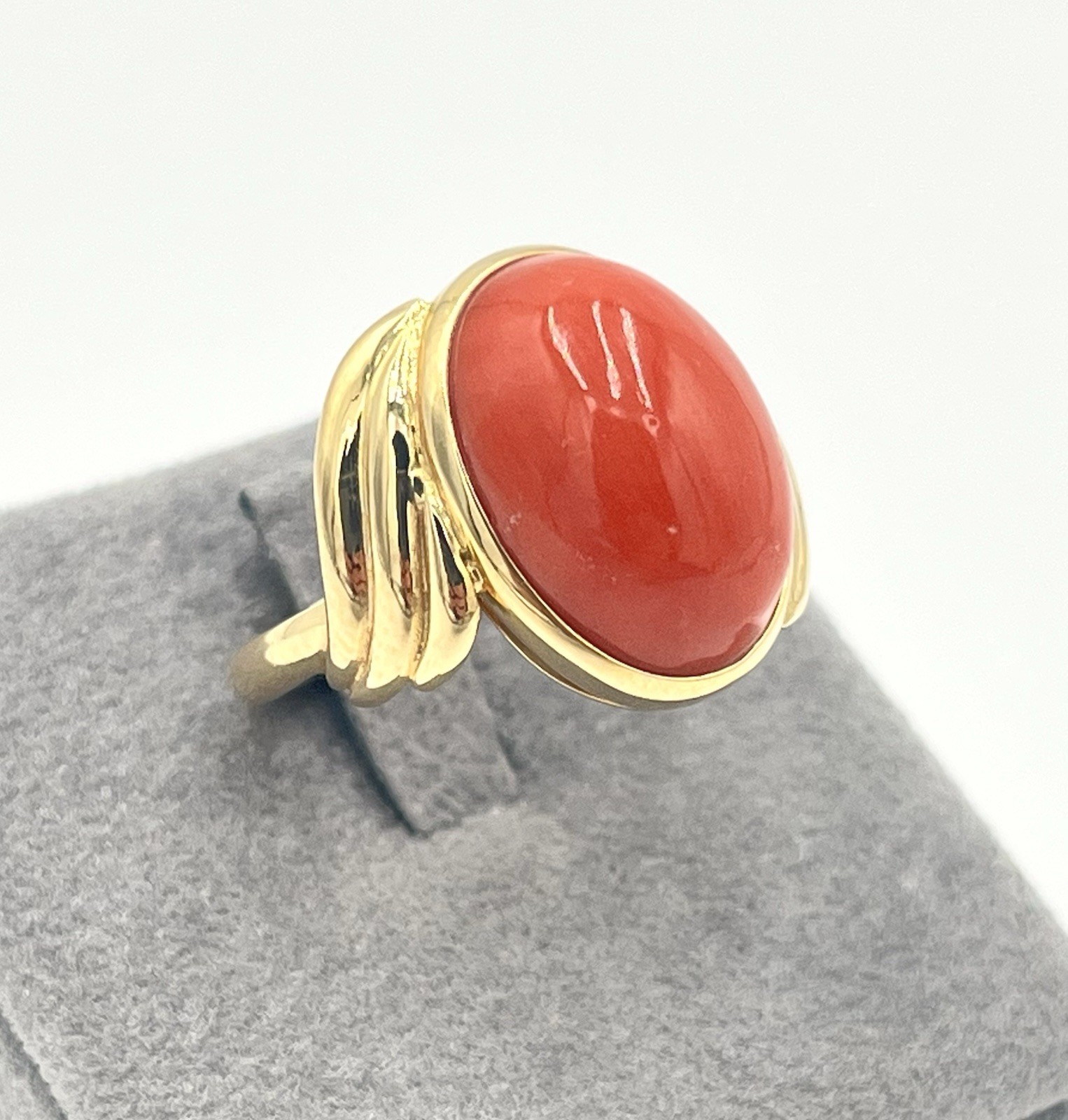18Kt Gold Mediterranean Red Coral 16mm Cabochon Tower of the Greek Ring M+M