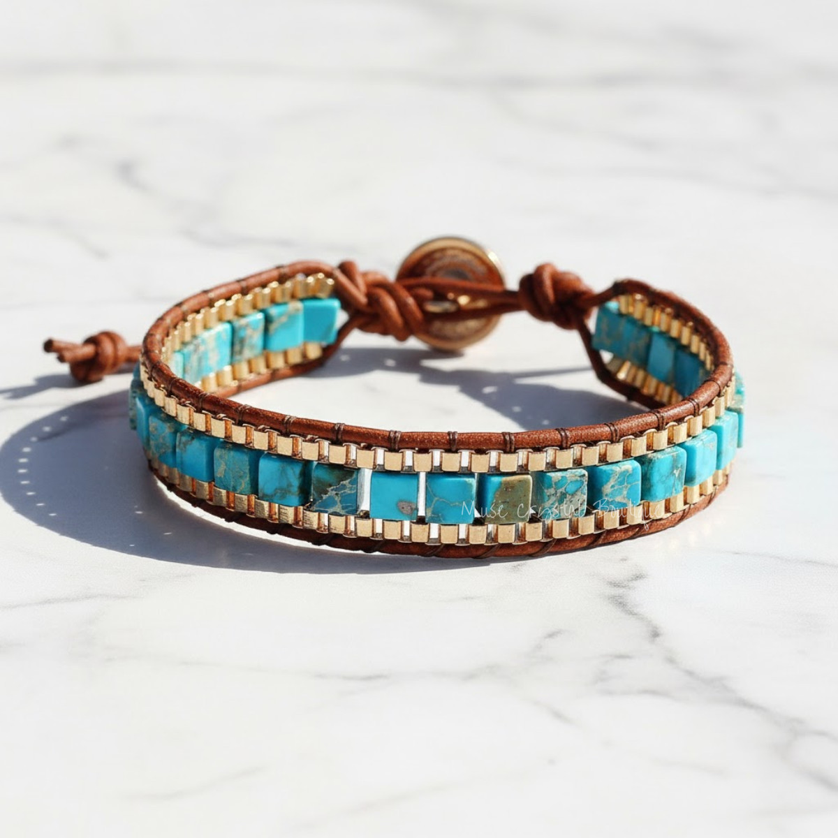 Natural Turquoise Leather Bracelet For Men Women Braided Boho Gemstone Jewelry