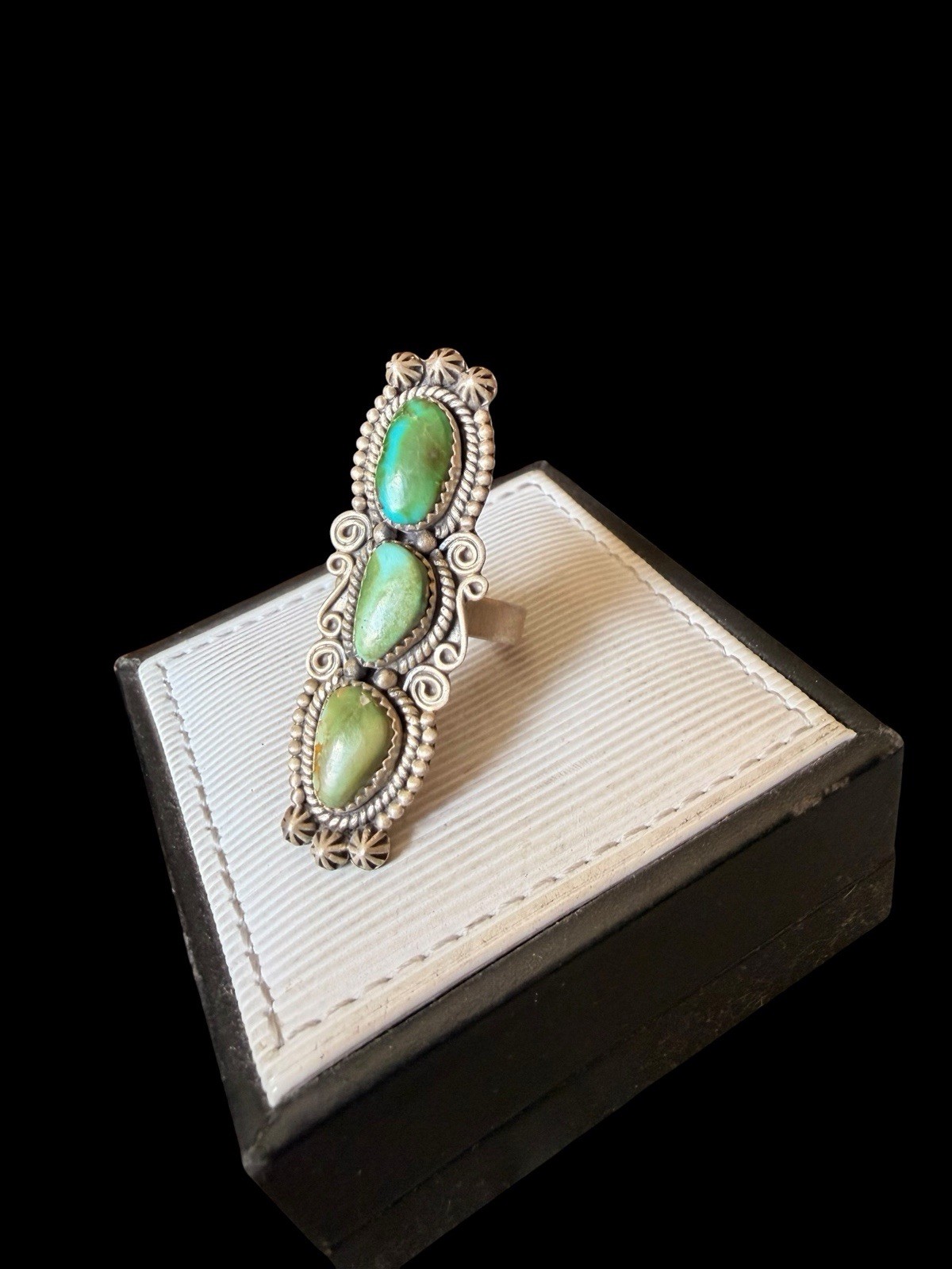 Beautiful Southwest Sterling Silver Triple Green Turquoise Ring See Description