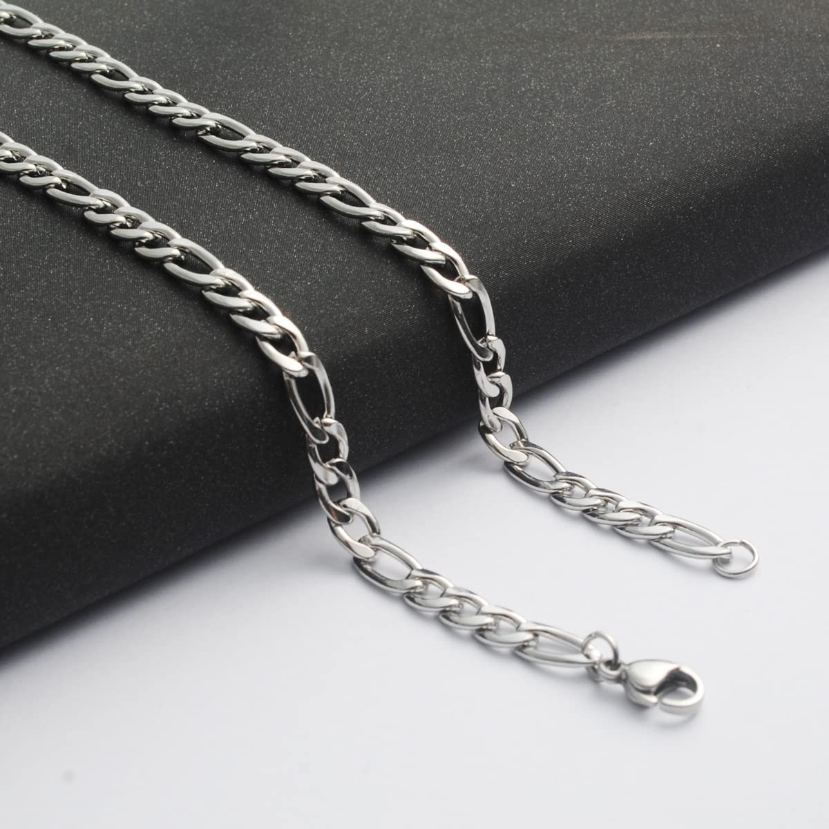 6 Pcs Silver Chains, Stainless Steel Cuban Link/Rope/Box/Figaro/Square Rolo – 01
