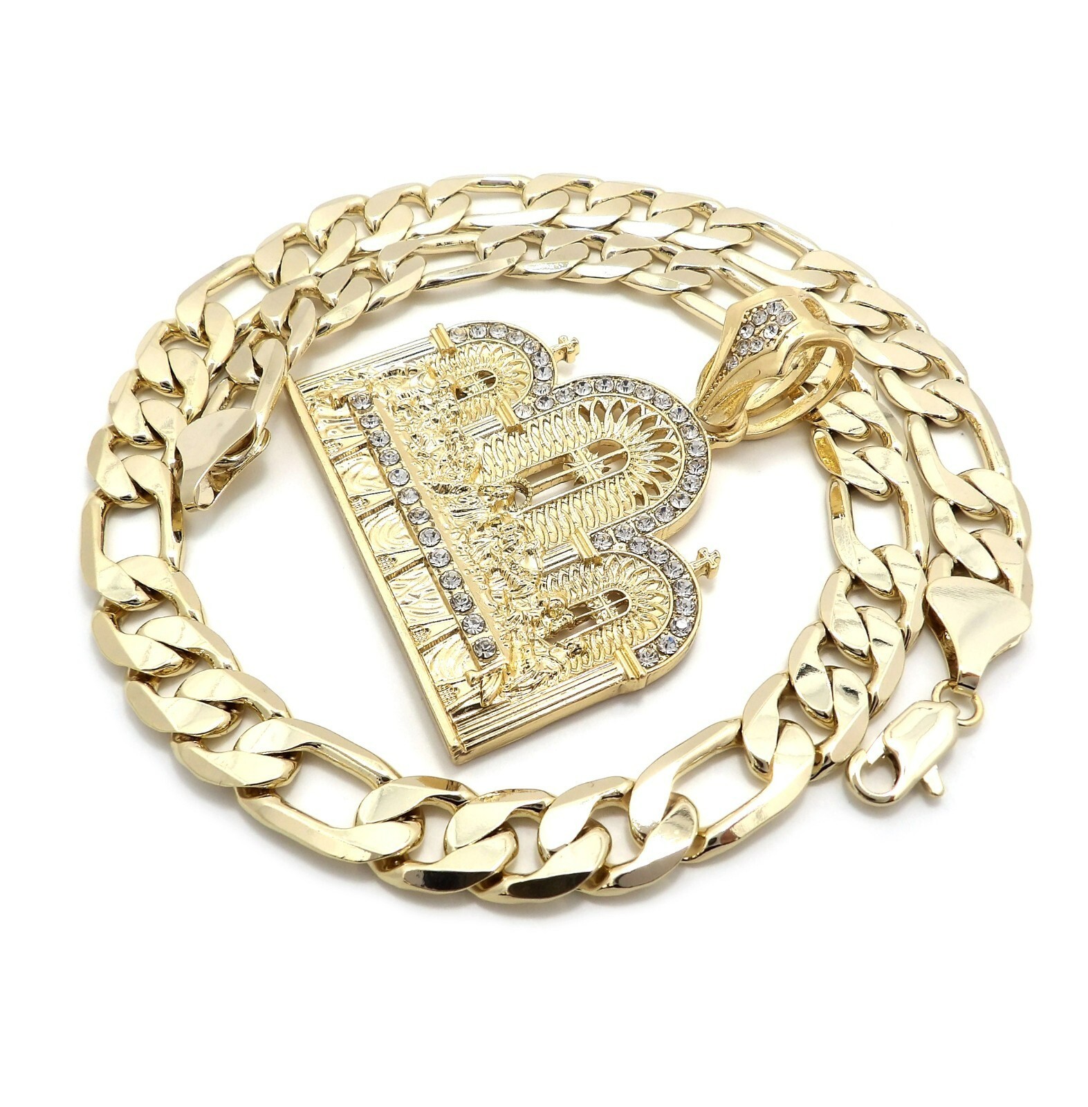 Jesus Last Supper CZ Iced Pendant & 14K Stamped 10mm Brass Figaro Chain Necklace