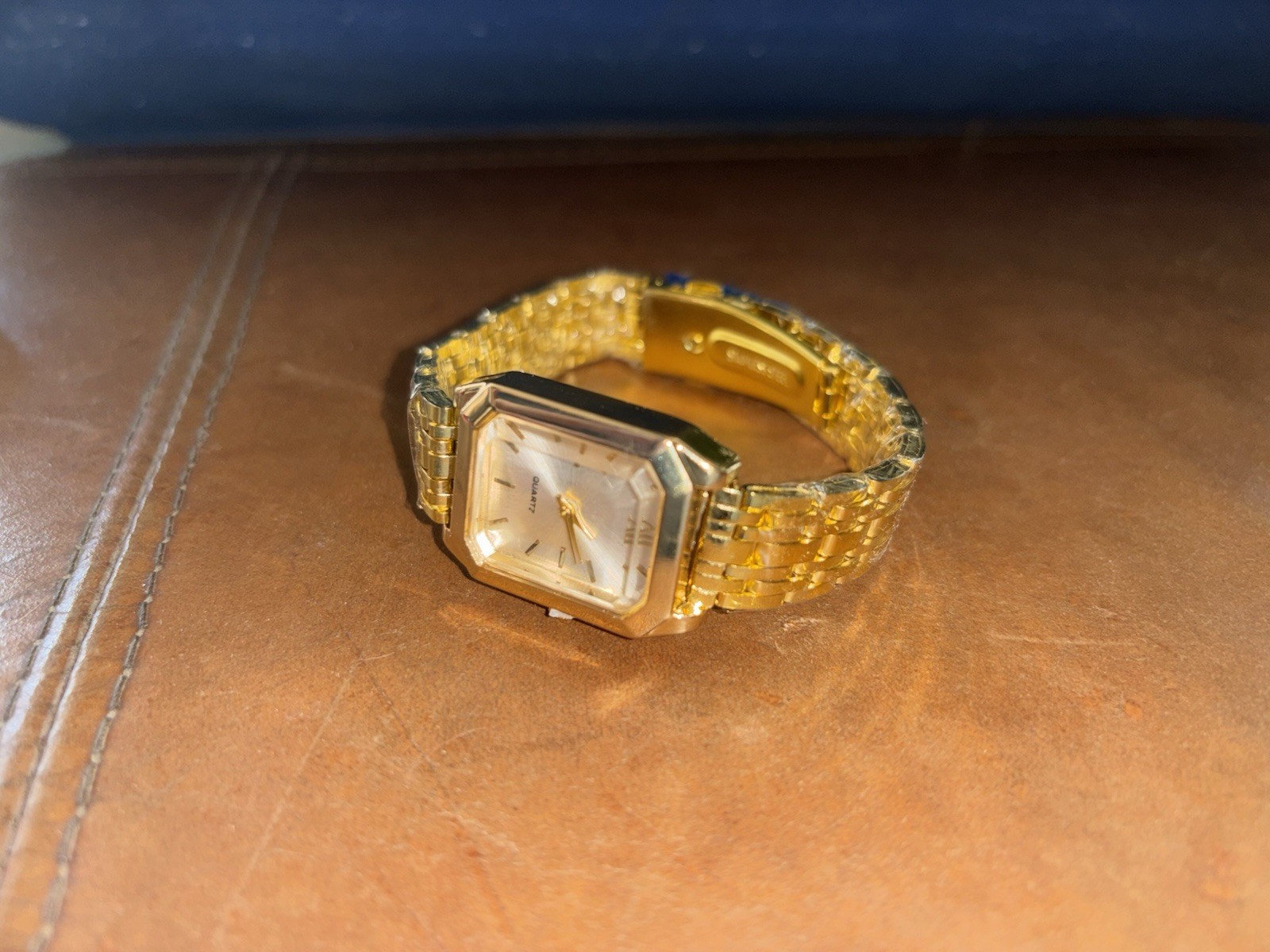 Gold Tone Square Analog Quartz Bracelet Watch White Dial Baton Index Never Worn