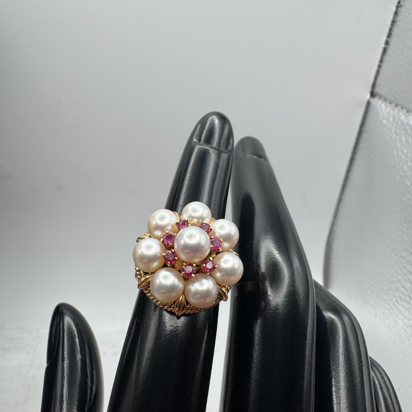 Solid 14k Gold Ring with Pearls and Rubies / Size 5 / 18.44 mm Wide / 6.88 Grams